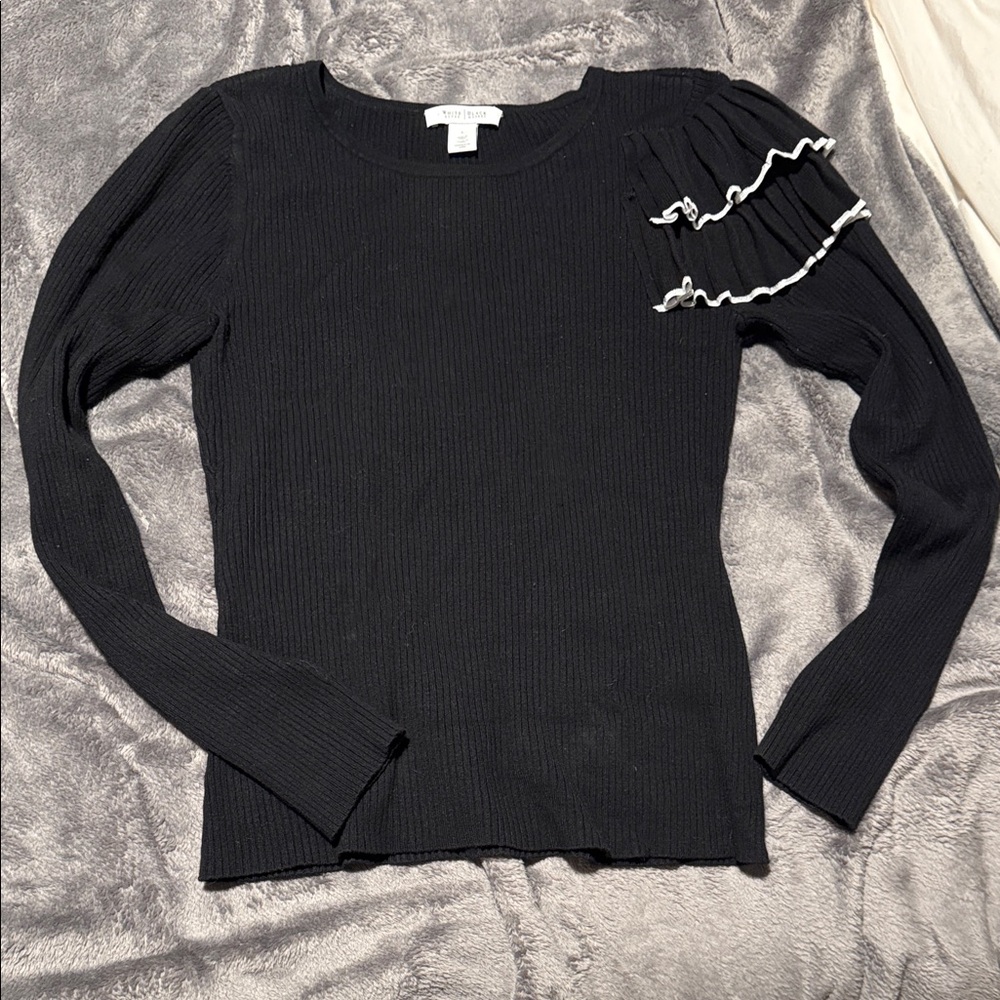 White House Black Market Black Ribbed Long Sleeve Top with White Trim Ruffles